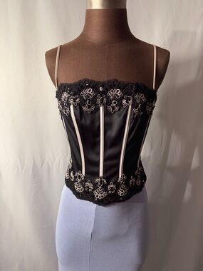 JS Collection Black Satin Lace-Trim Corset Bodysuit with Pale Pink Accents Size8